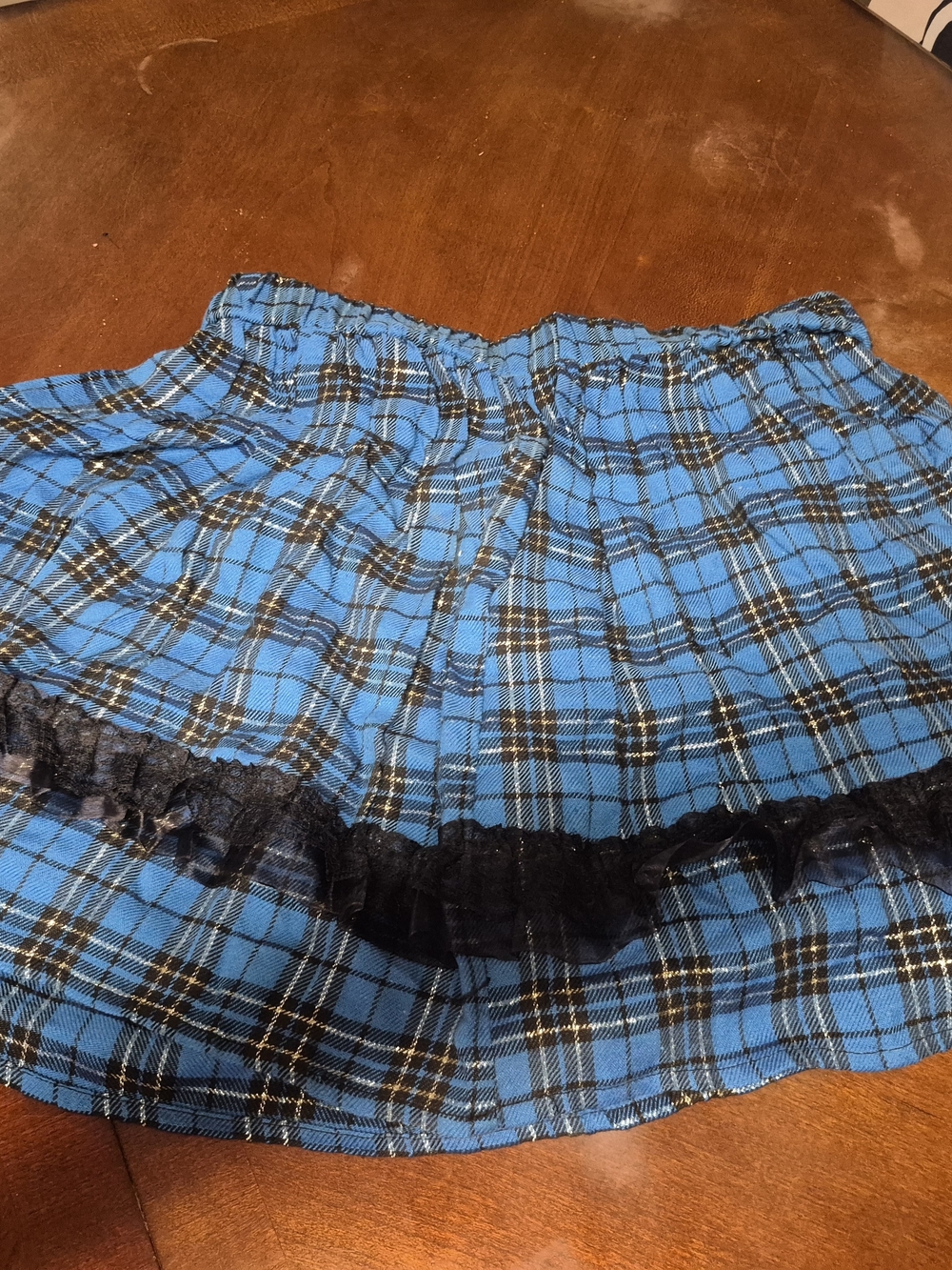 Blue Plaid Midi Skirt with Black Lace Accent